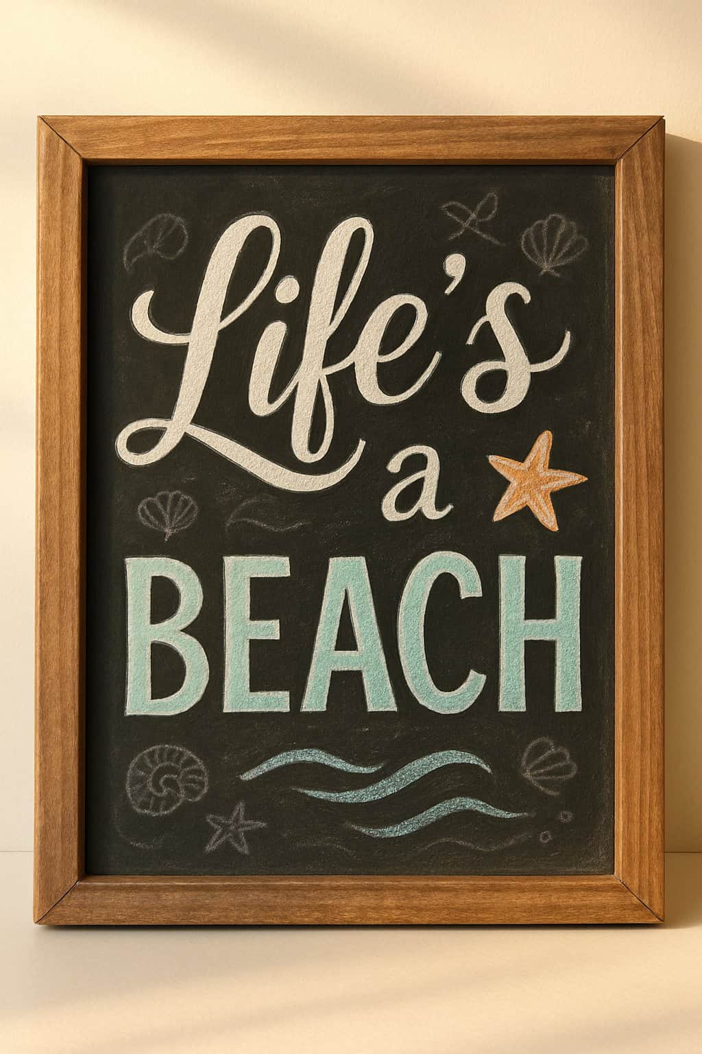 A wood framed chalkboard sign with artistic lettering and beach-themed chalk drawings on a clean background.
