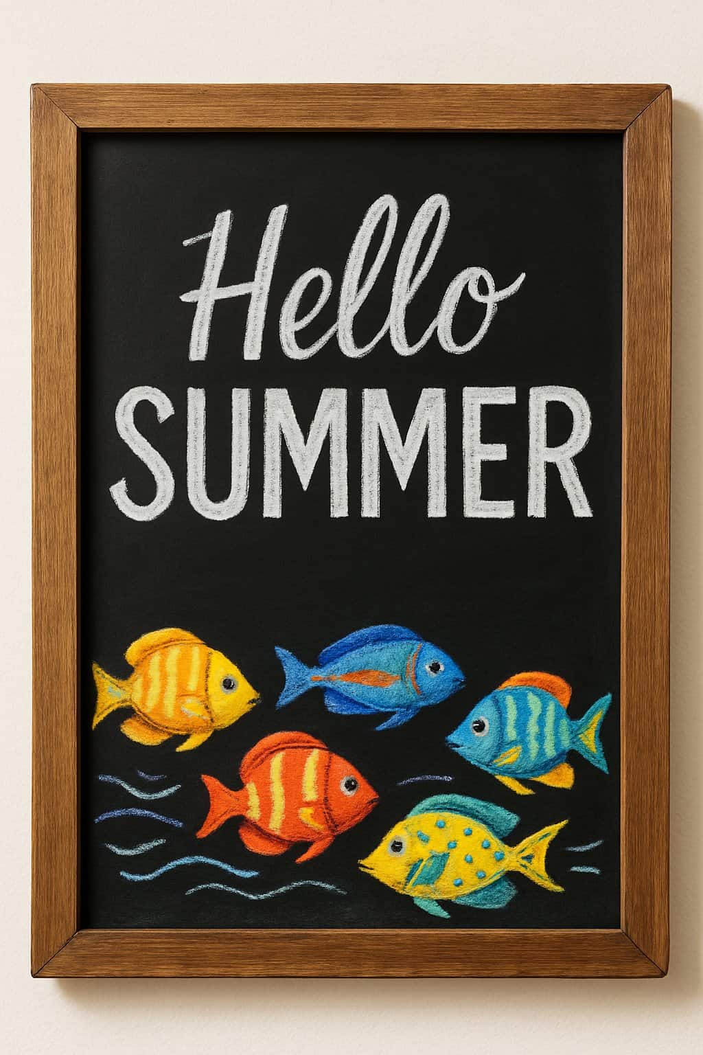A wood framed chalkboard sign with colorful fish swimming along the bottom edge.