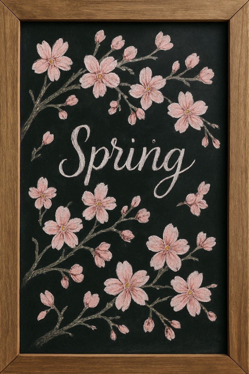 A wood framed chalkboard sign decorated with cherry blossom flowers in bloom on a dark background.