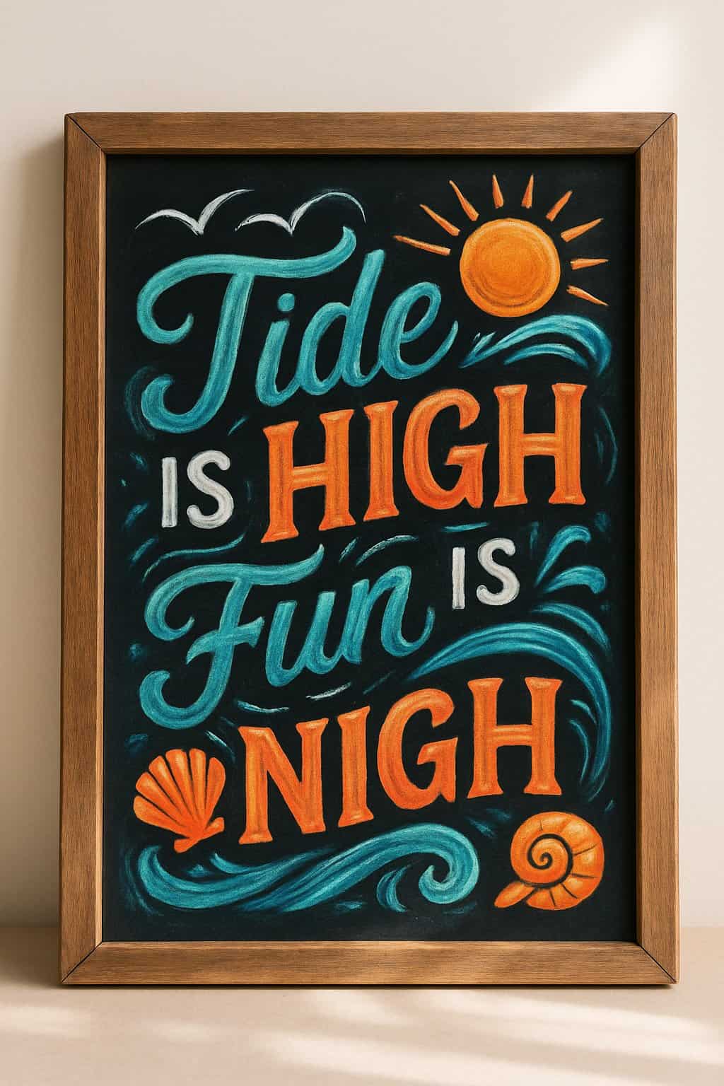 A wooden framed chalkboard with artistic beach-themed drawings and decorative elements, placed in soft natural light on a clean background.
