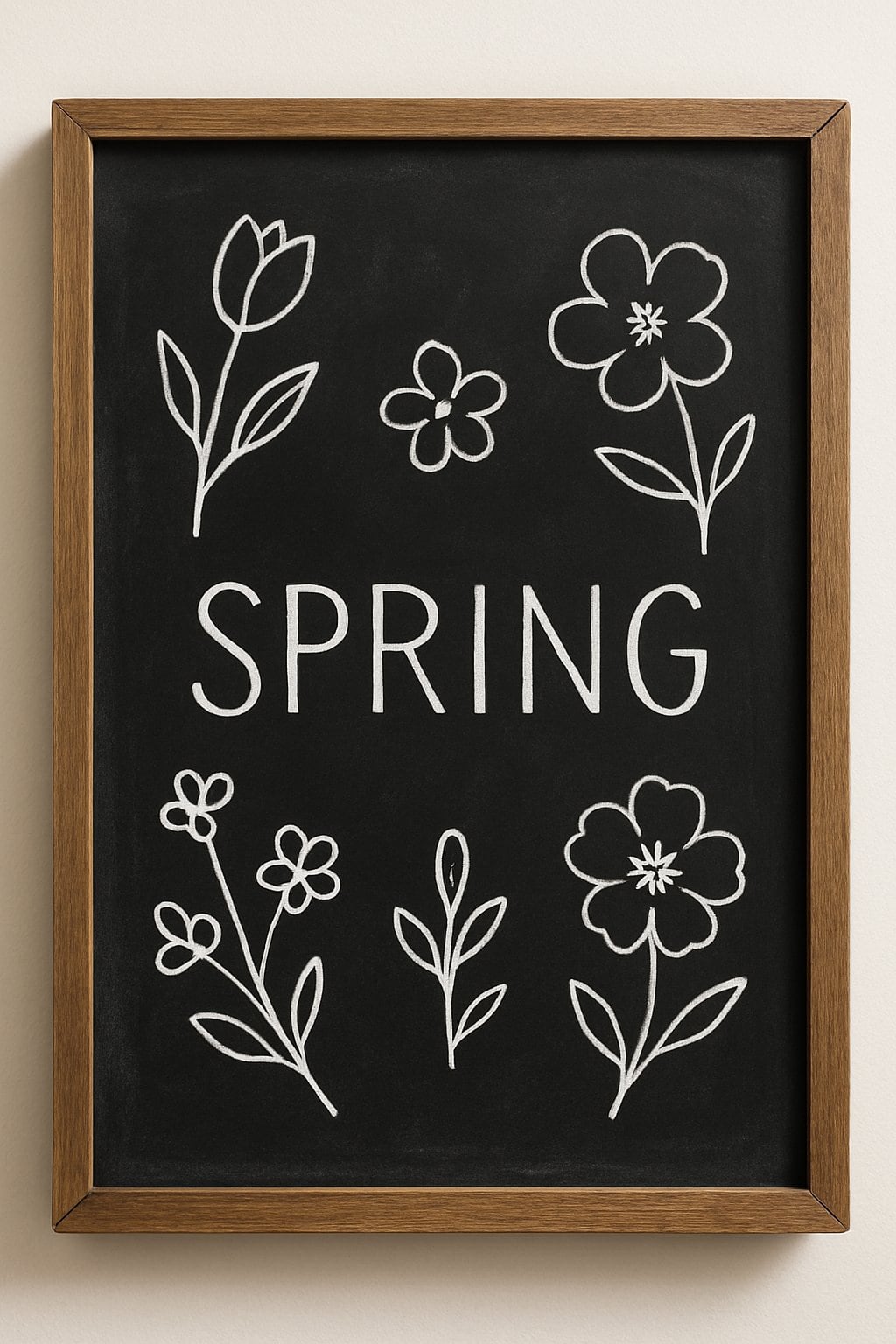 A wood framed chalkboard displaying minimalist white floral drawings on a clean background with natural light.