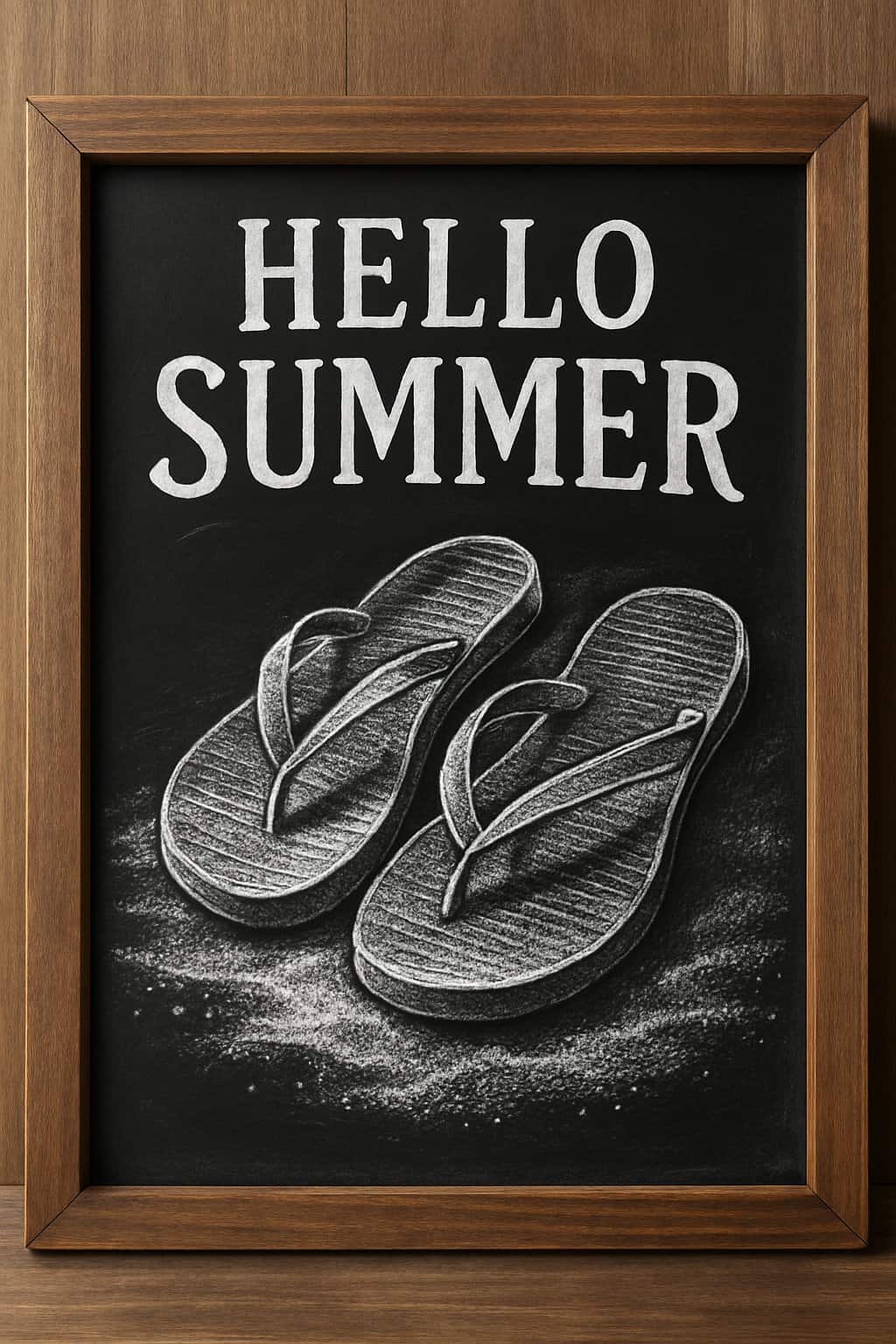 A chalkboard sign with a sketch of flip flops resting on sand, framed by a wooden border.