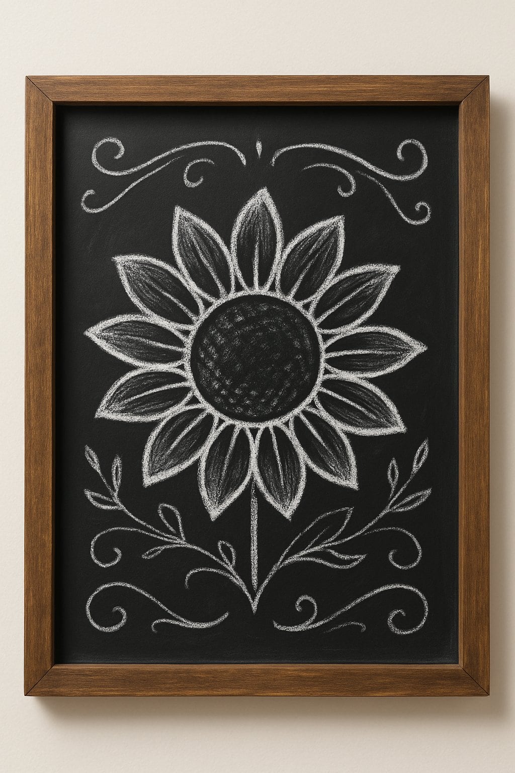 A wood framed chalkboard sign displaying a simple sunflower outline with bold petals drawn in white chalk on a black surface.