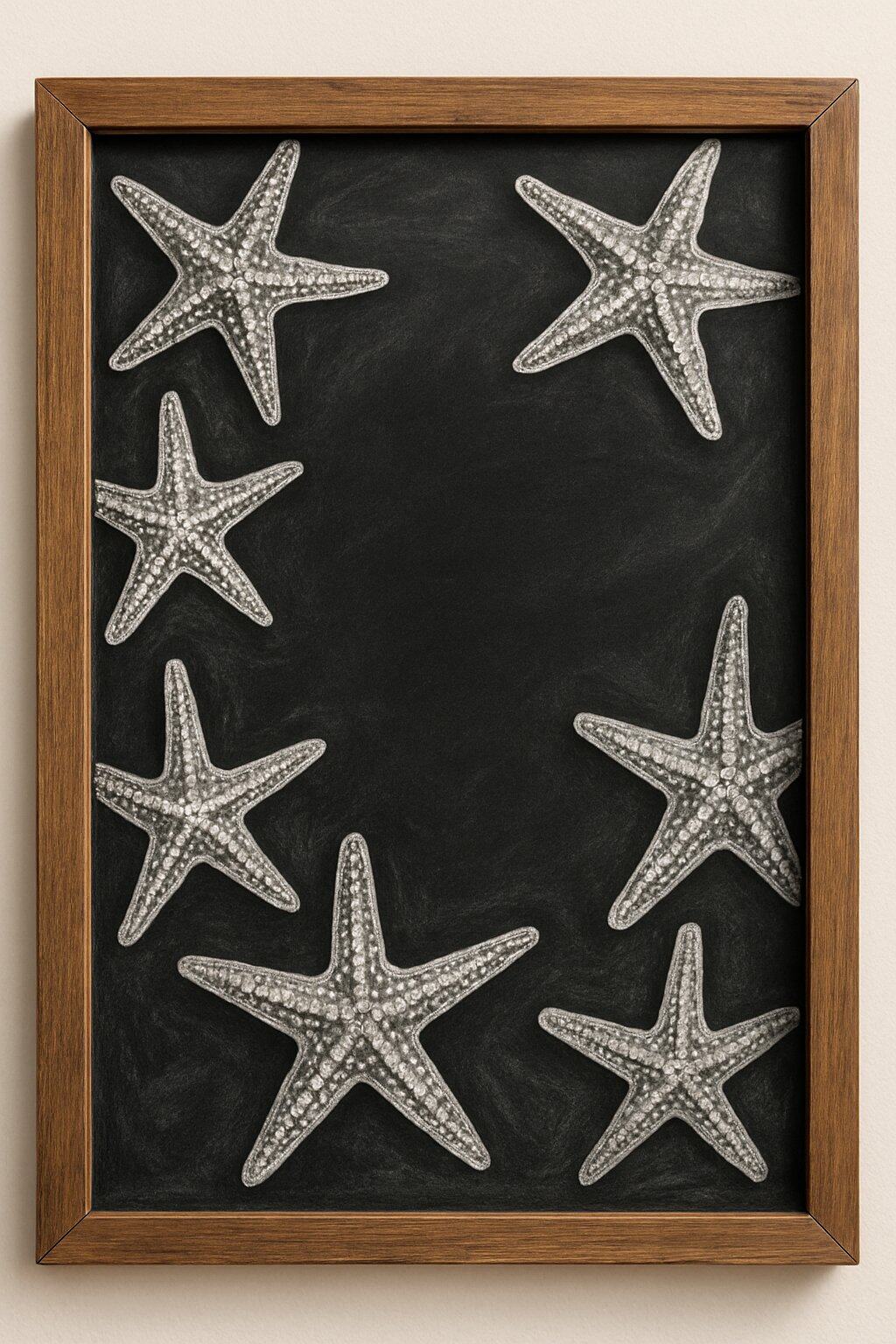 A wood framed chalkboard with hand-drawn starfish scattered around the edges.