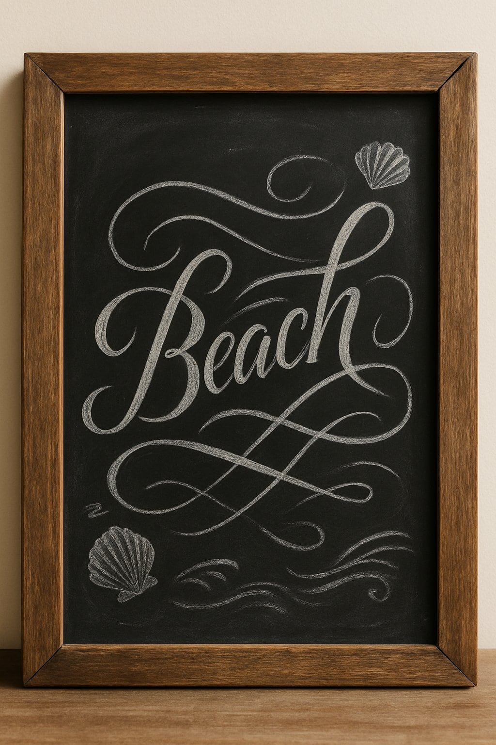 A wooden framed chalkboard sign with elegant chalk lettering and a clean background, set in natural light with subtle coastal decorations.