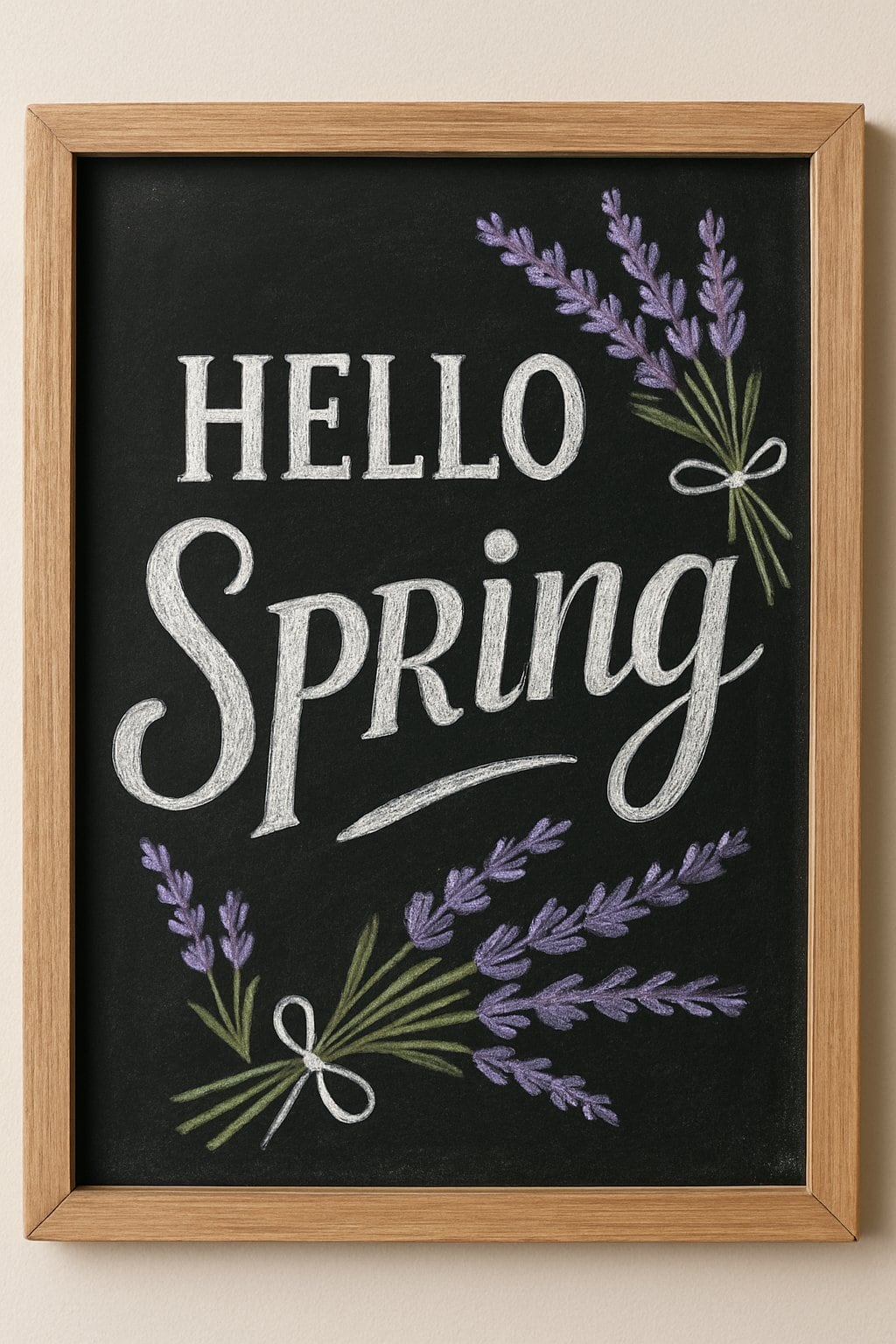 A wooden framed chalkboard with hand-drawn lavender sprigs tied in small bouquets arranged on its surface.