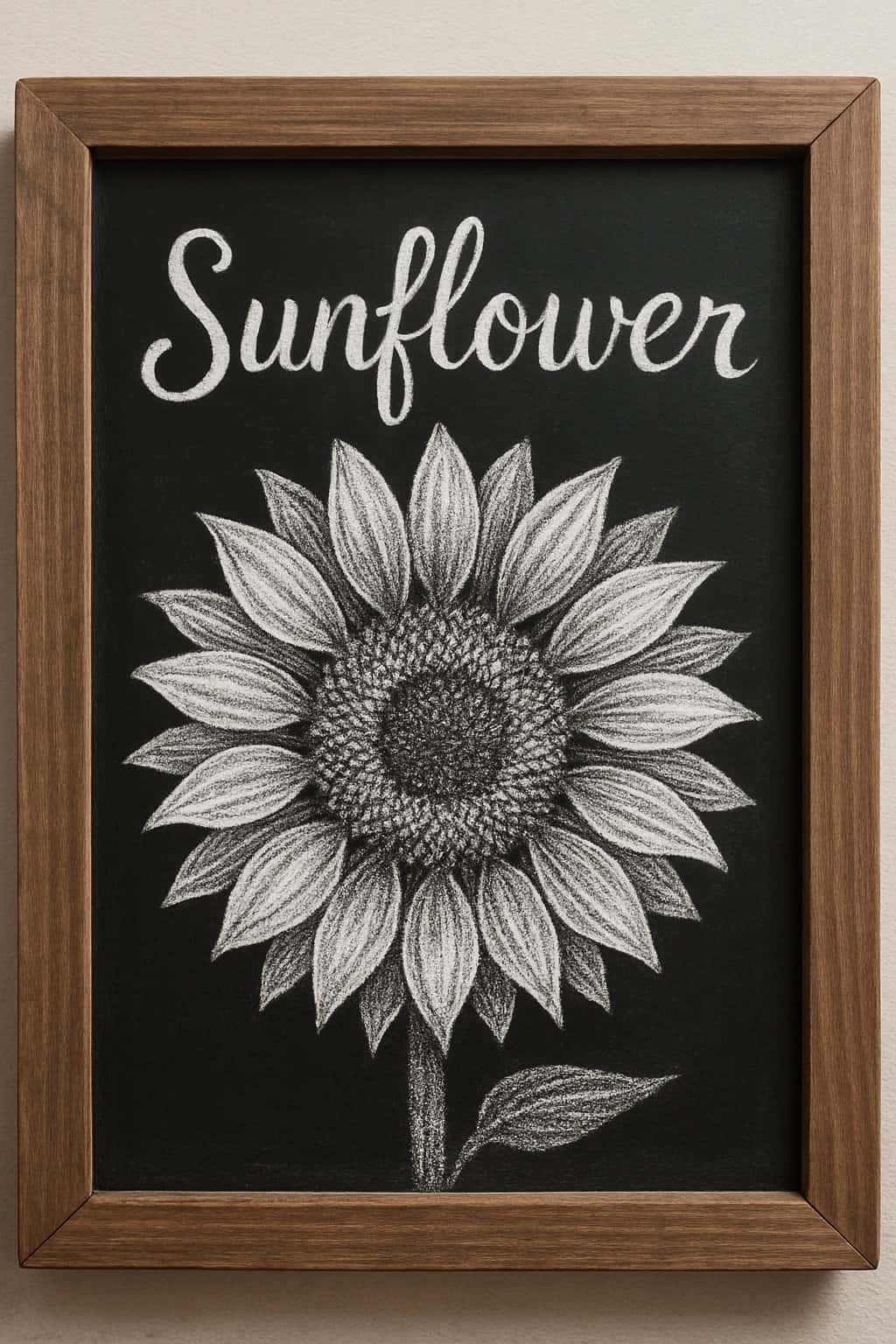 A wood framed chalkboard displaying a detailed chalk drawing of a sunflower with a textured center.