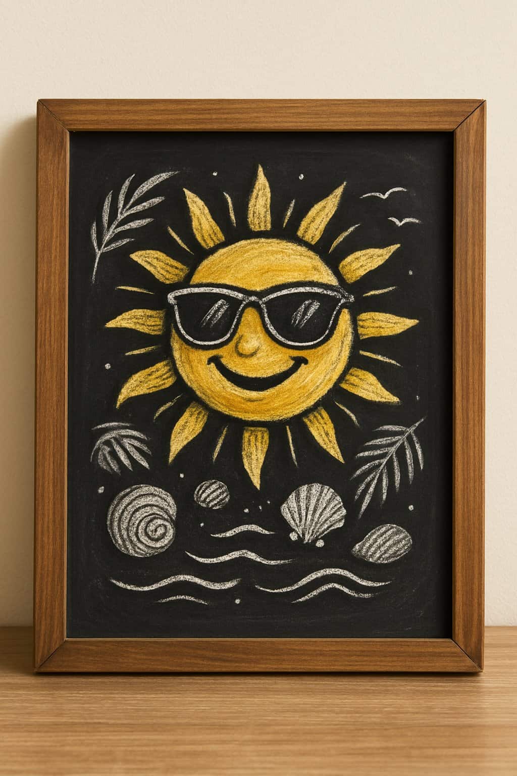 A chalkboard sign with a smiling sun wearing sunglasses surrounded by small beach-themed illustrations.