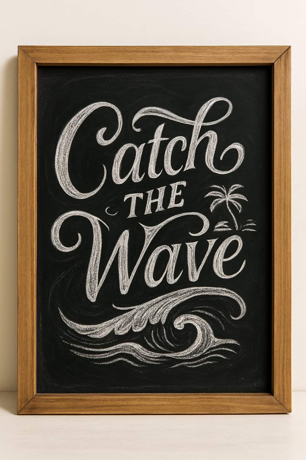 A wooden framed chalkboard sign with artistic wave-inspired lettering on a clean background, illuminated by natural light.