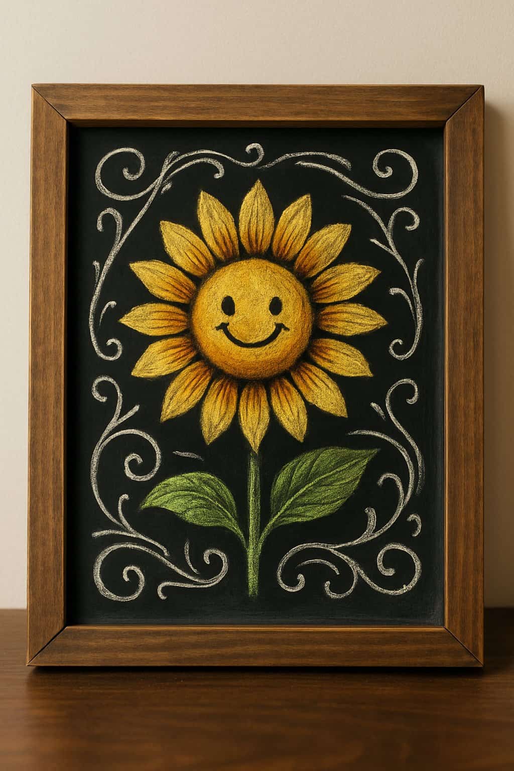 A wood framed chalkboard sign featuring a smiling sunflower drawn in chalk with decorative chalk designs on a clean background.