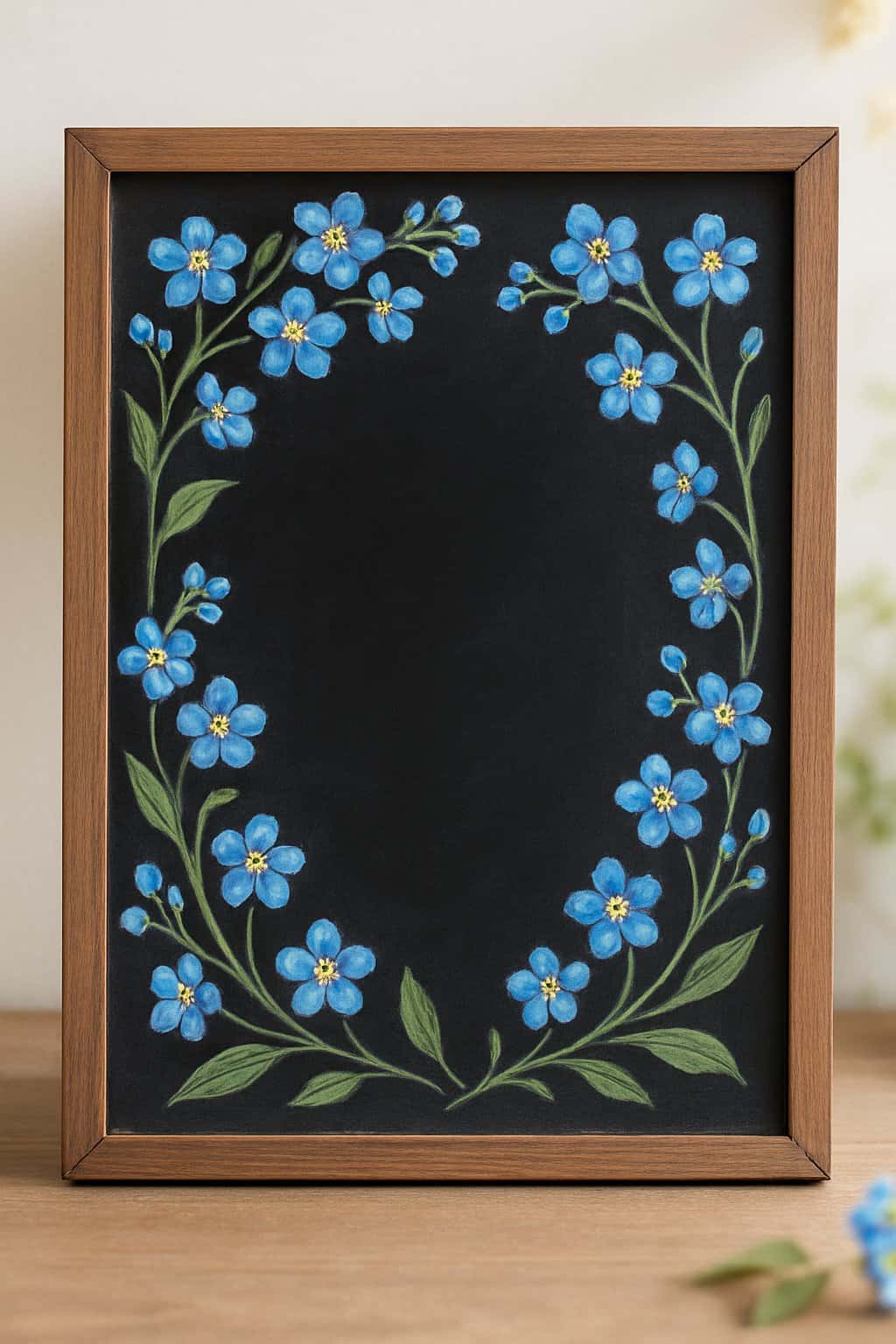 A wood framed chalkboard sign decorated with blue forget-me-not flowers on a clean background.