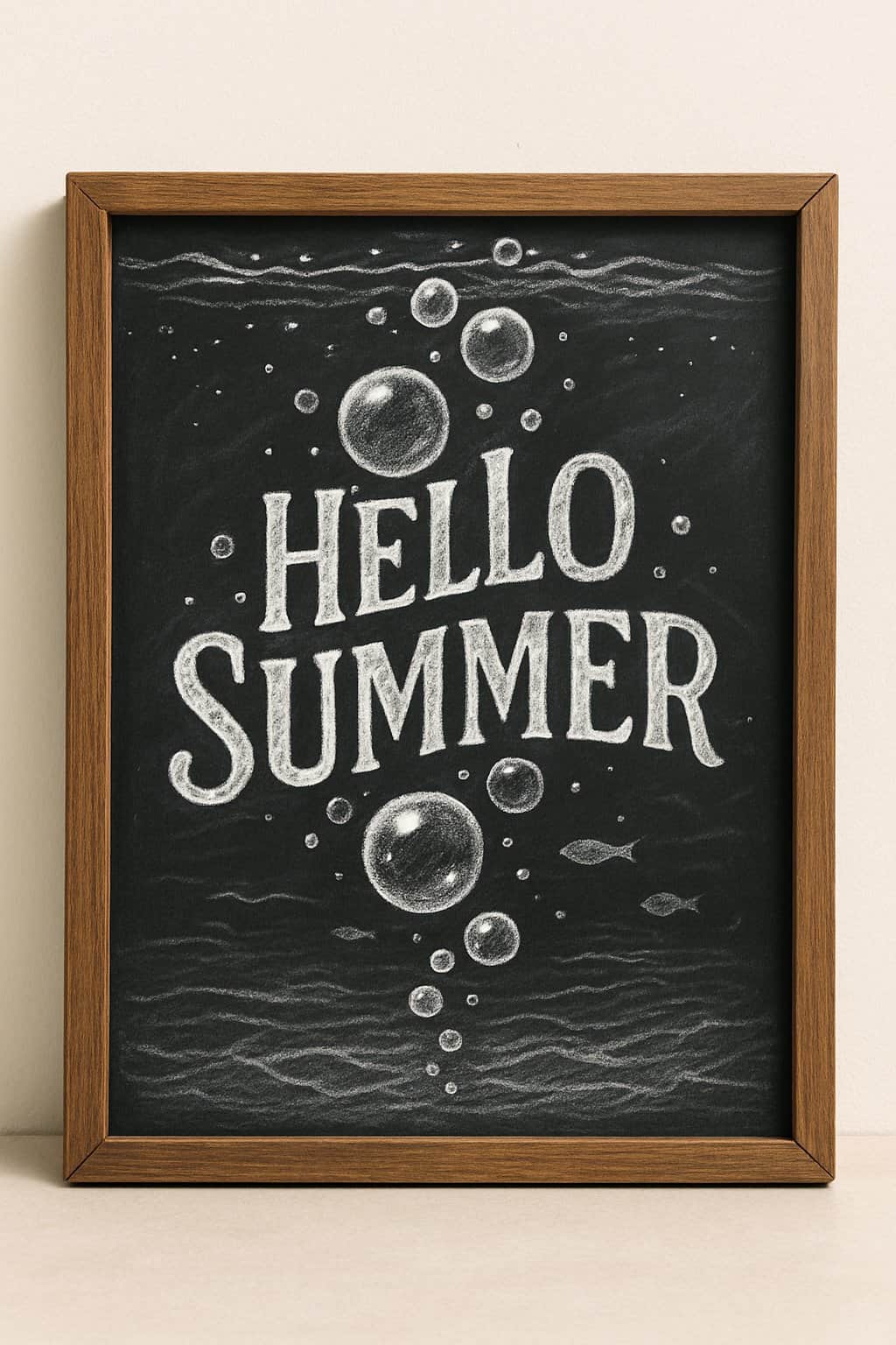 A wooden framed chalkboard with hand drawn bubbles and underwater elements surrounding artistic lettering on a clean background.