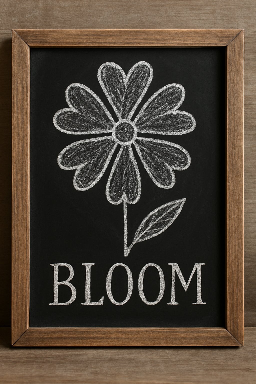 A wood framed chalkboard sign displaying a large flower made of heart-shaped petals drawn in white chalk on a black background.