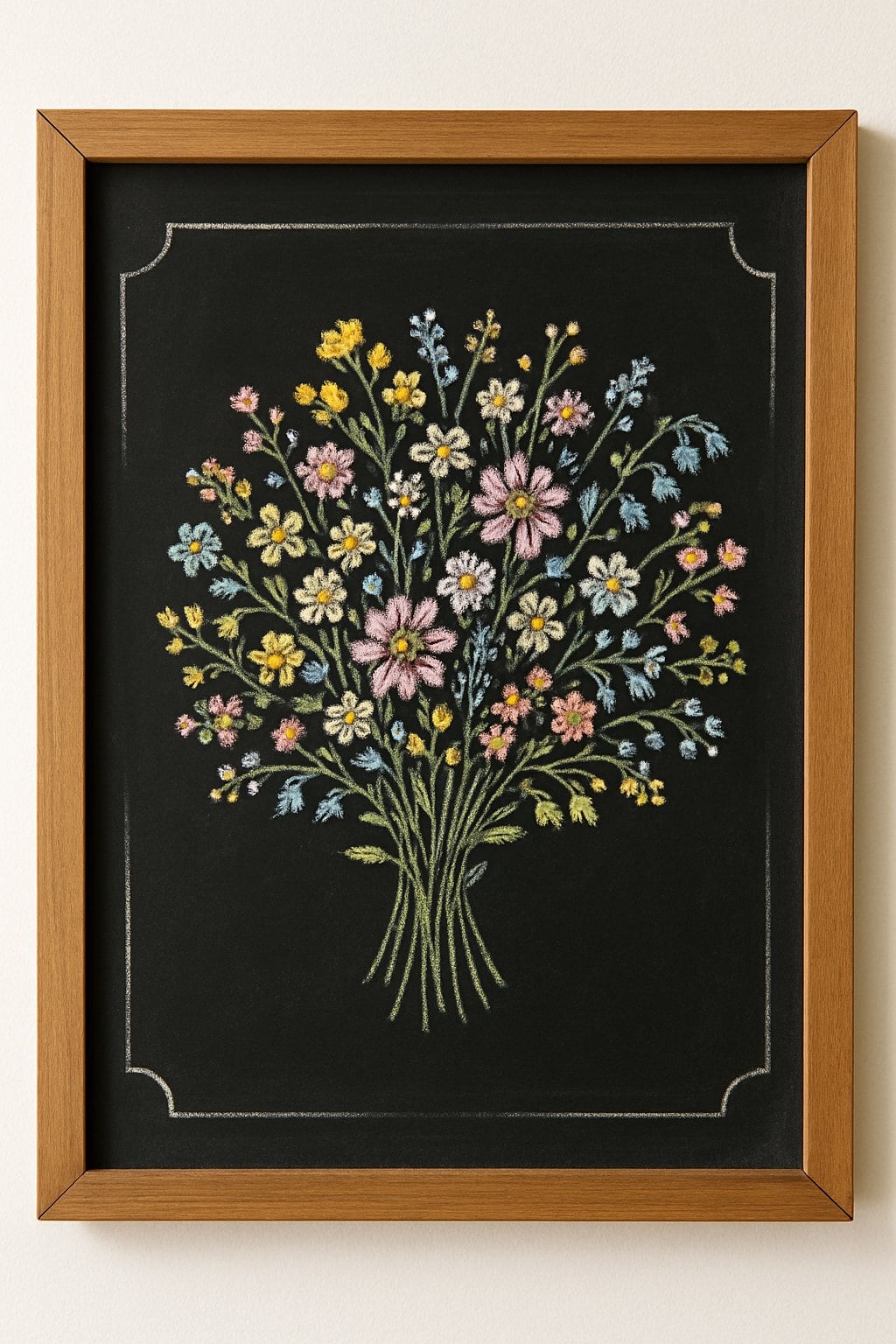 A wood framed chalkboard sign displaying a detailed pastel wildflower bouquet sketch on a clean background.