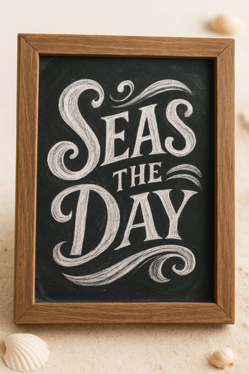 A wooden framed chalkboard sign with hand-drawn waves and lettering, placed against a simple background with natural light.