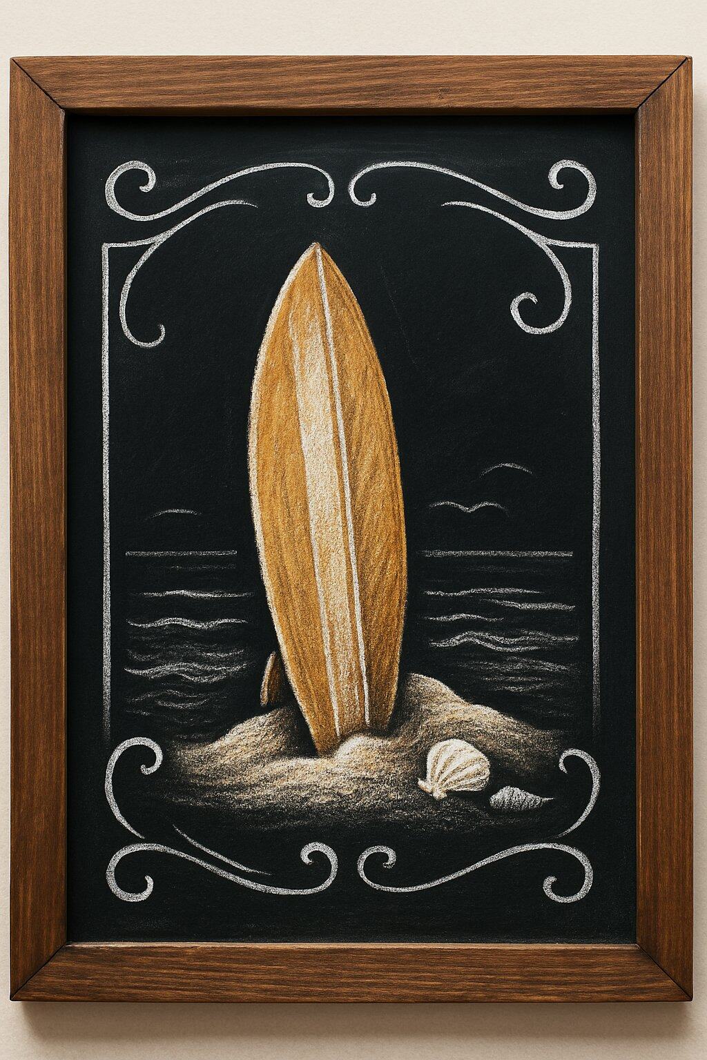 A surfboard leaning on a mound of sand on a chalkboard with a wood frame.