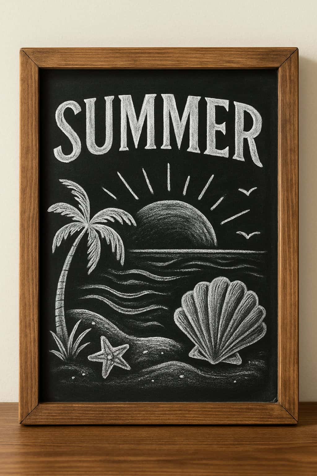 A wooden framed chalkboard sign displayed against a clean background with soft natural light.