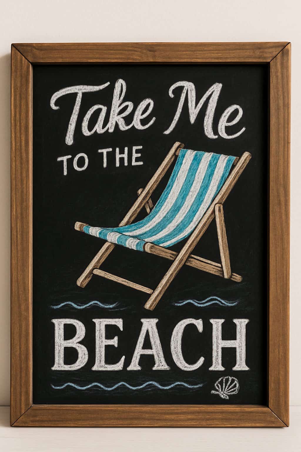 A wood framed chalkboard sign displaying artistic chalk drawings inspired by a striped beach chair, with a clean background and natural lighting.