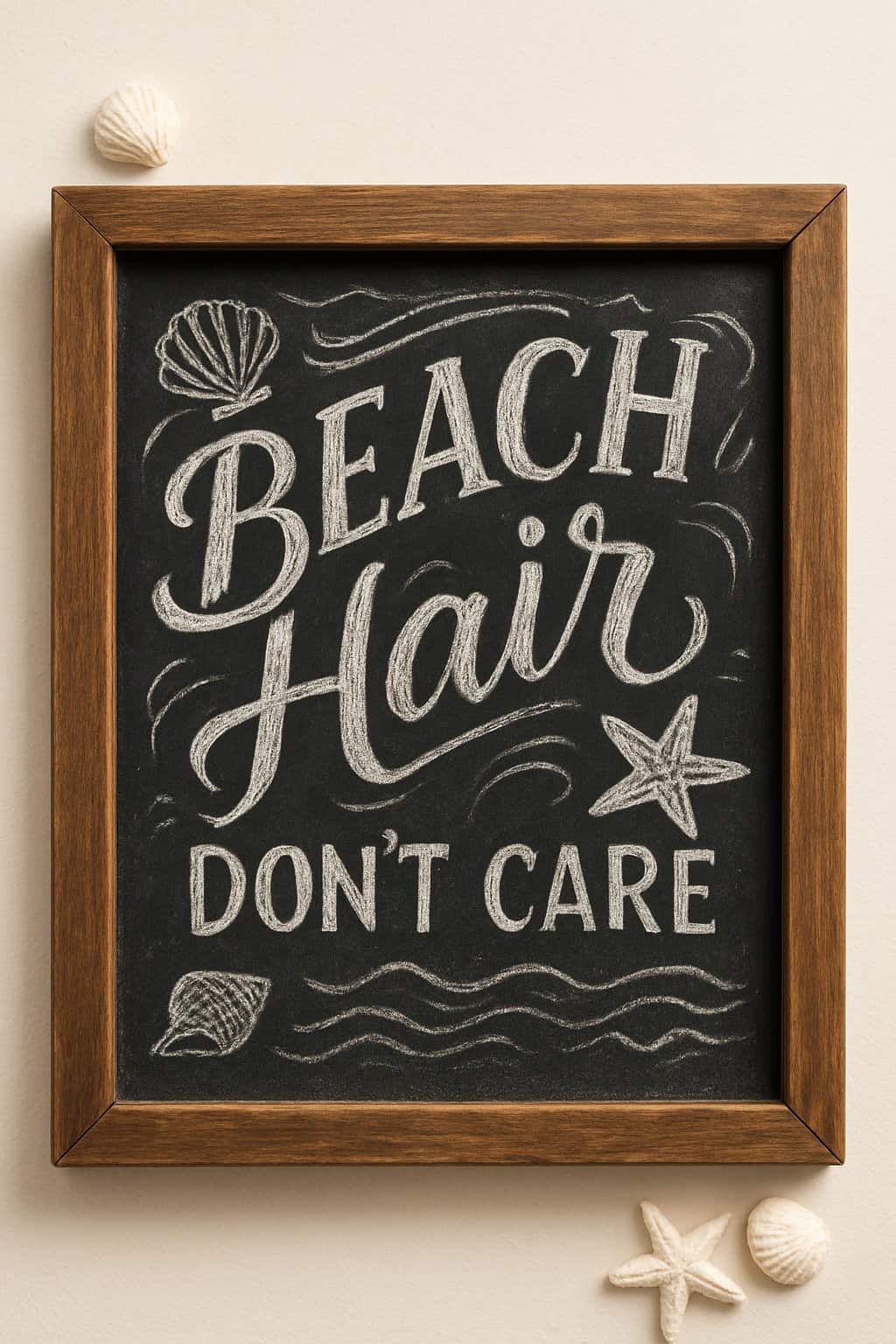 A wood framed chalkboard sign with artistic chalk drawings of seashells and waves on a clean background, illuminated by natural light.
