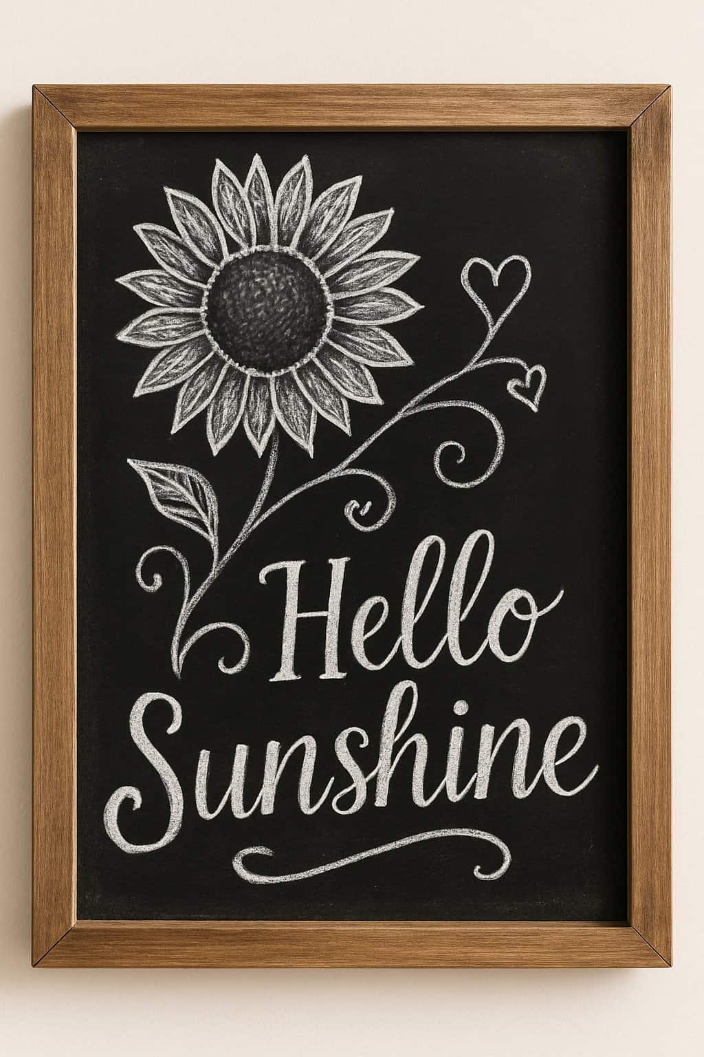 A wood framed chalkboard with a detailed sunflower drawing featuring a curly stem and heart shapes.