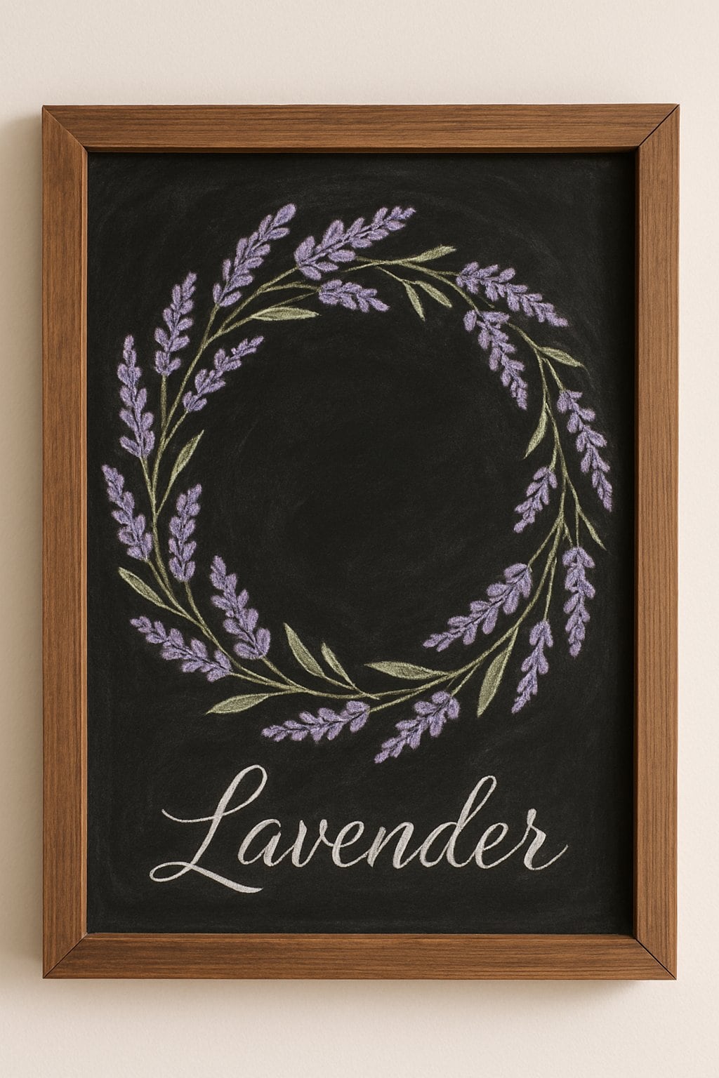 A wood framed chalkboard with a detailed lavender flower wreath drawn on it, displayed against a plain background.