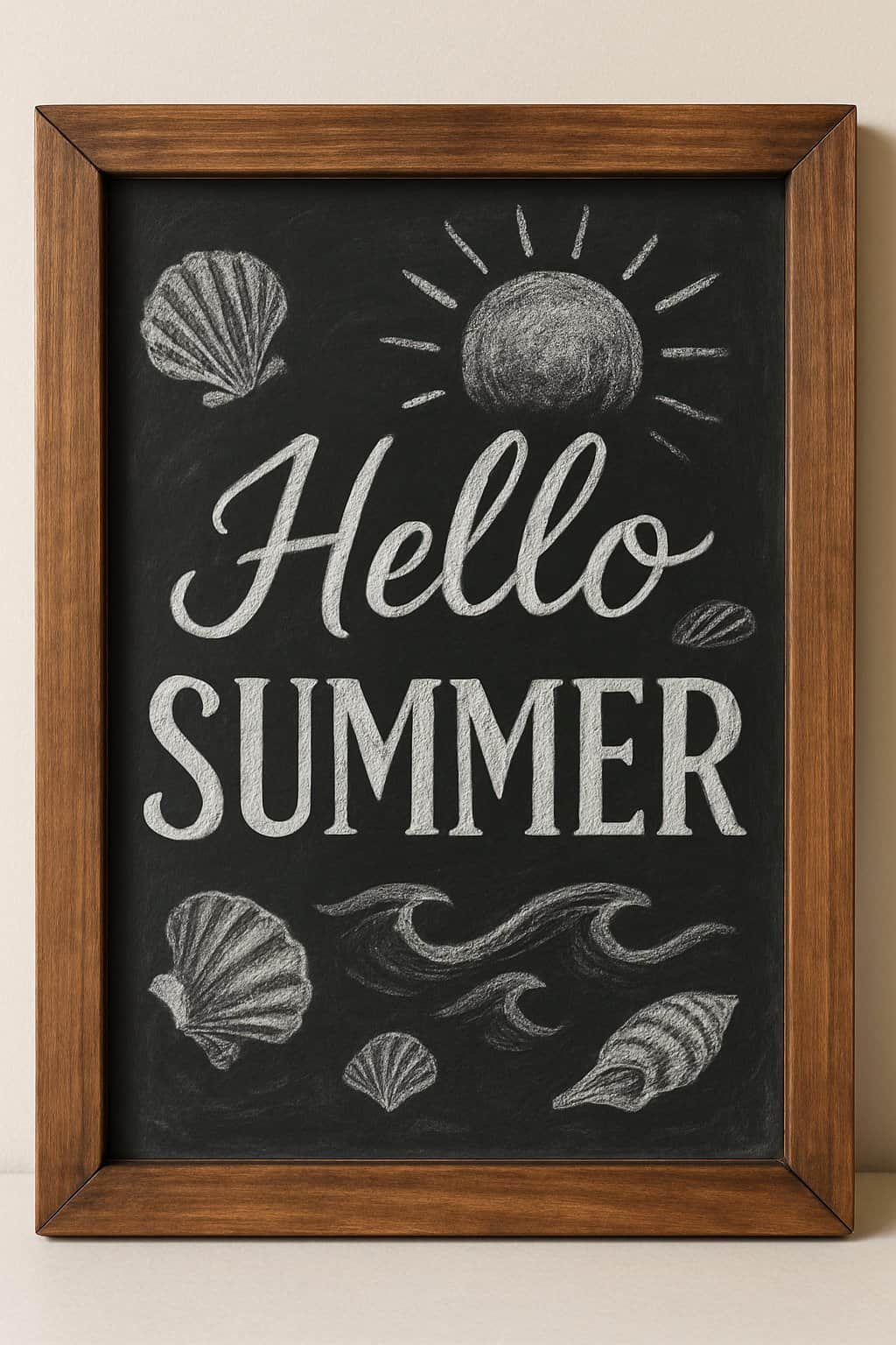 A wood-framed chalkboard sign with artistic summer beach-themed chalk drawings including seashells and waves, displayed against a simple background.