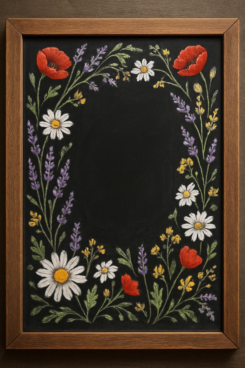 A wood framed chalkboard with a detailed border of assorted wildflowers drawn in chalk around the edges.