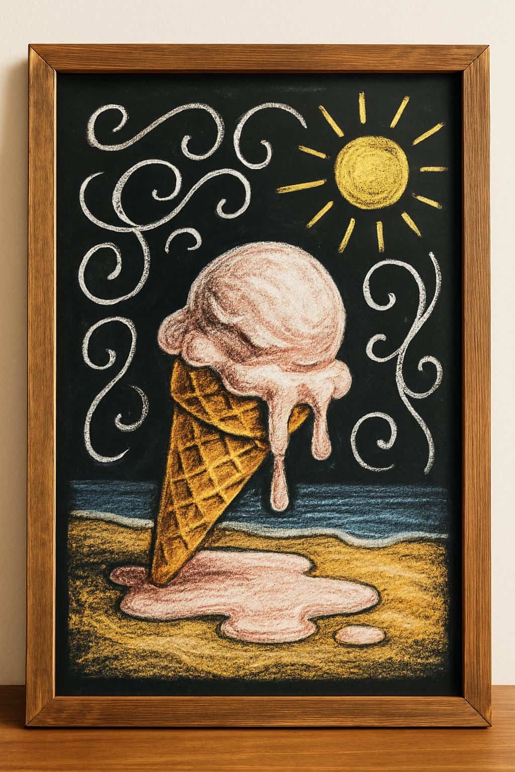 A chalkboard sign with a drawing of an ice cream cone melting on hot sand.