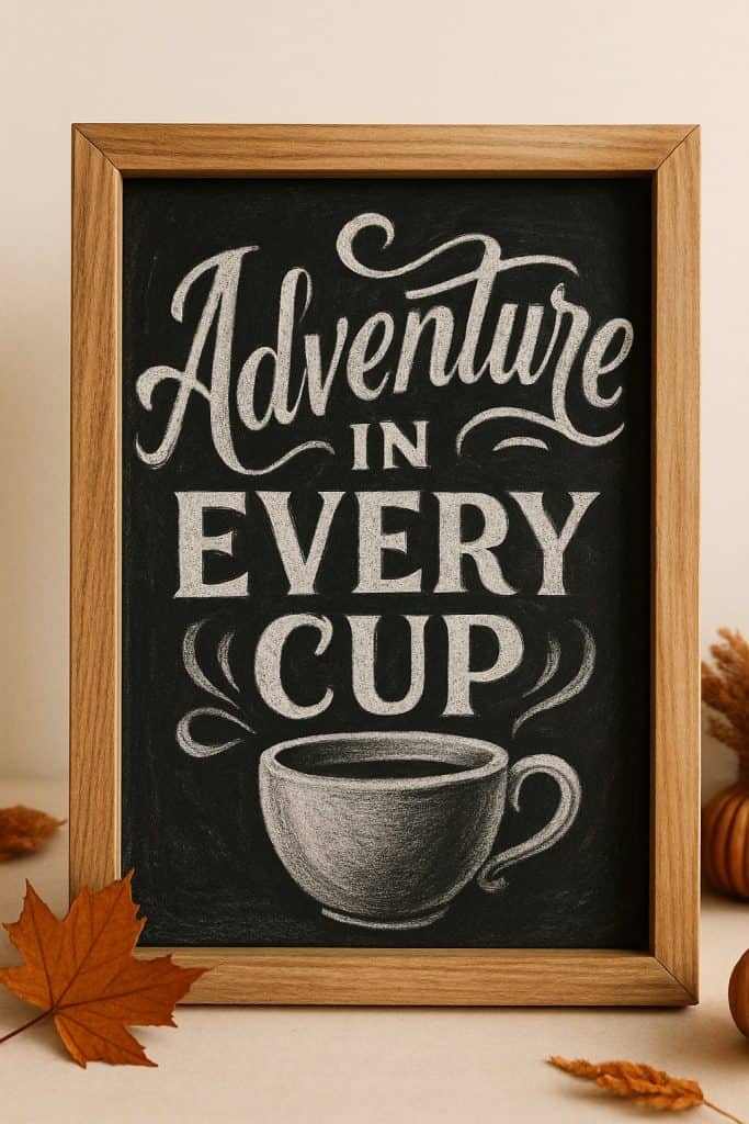 A framed chalkboard sign with the words "Adventure in Every Cup" written in decorative white lettering above a drawing of a steaming coffee cup. Autumn leaves and decor surround the frame.