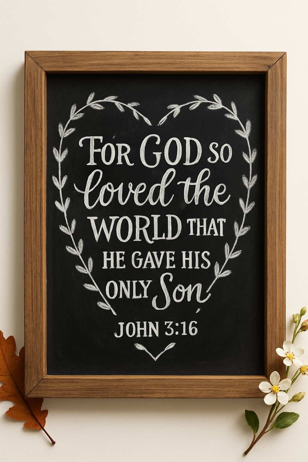 A wood-framed chalkboard sign displaying a decorative heart border around a central scripture message, placed against a simple background with natural lighting.
