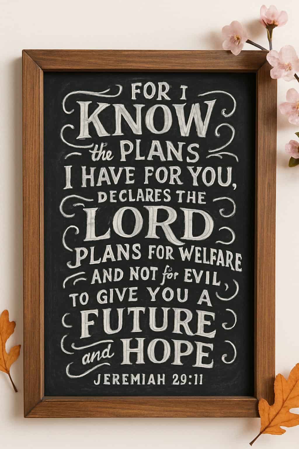 A wood framed chalkboard sign with bold, playful chalk lettering surrounded by seasonal decorations on a clean background.