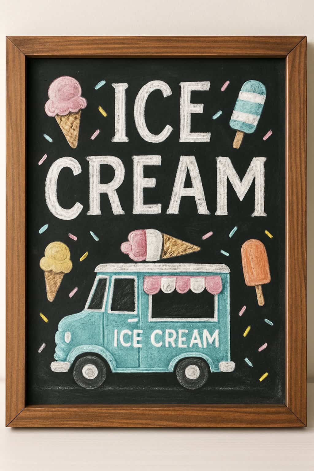A chalkboard sign framed in wood displaying colorful ice cream illustrations and decorative elements on a dark background.