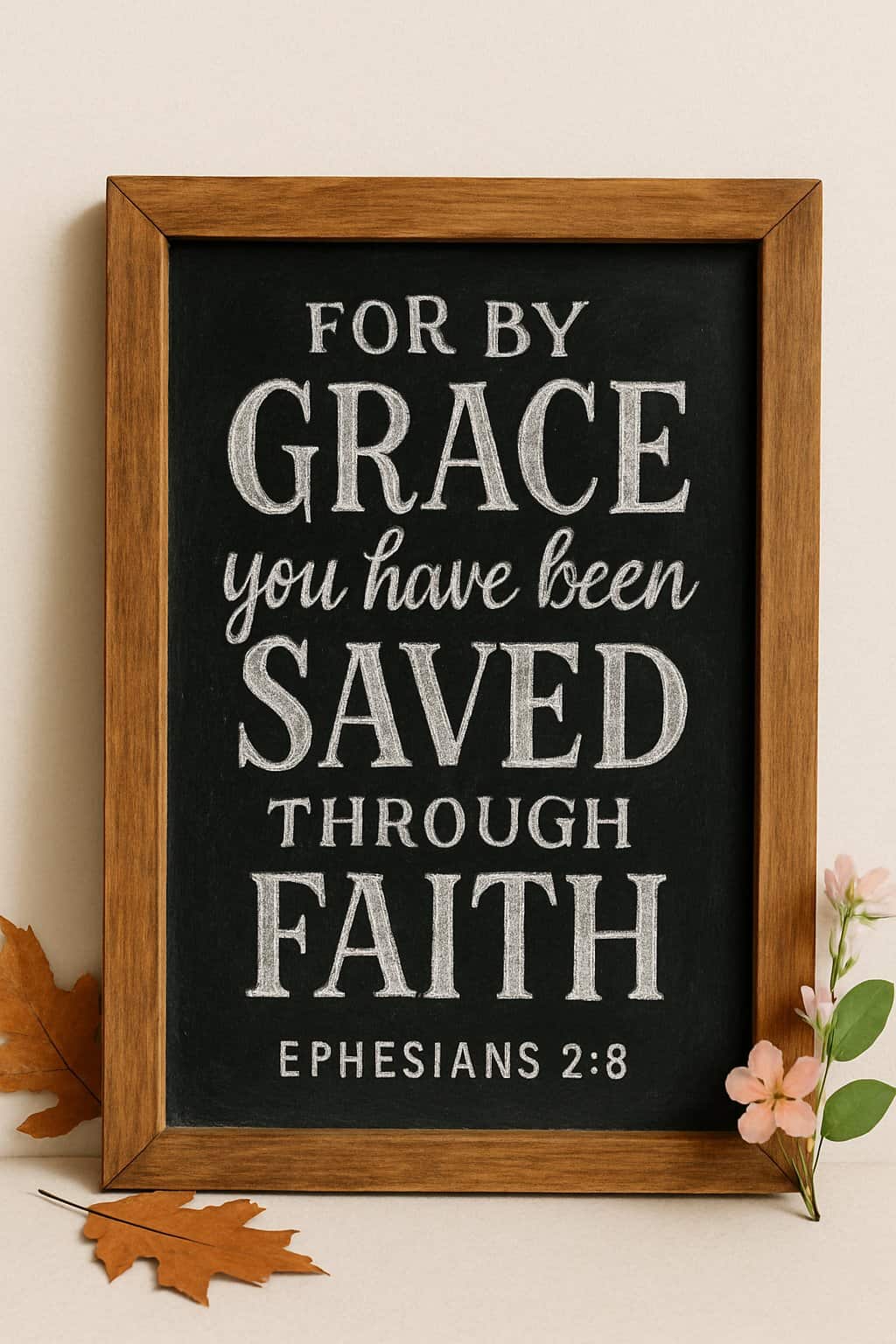 A wood framed chalkboard sign with hand lettered text displayed on a clean background with natural light and seasonal decorations.