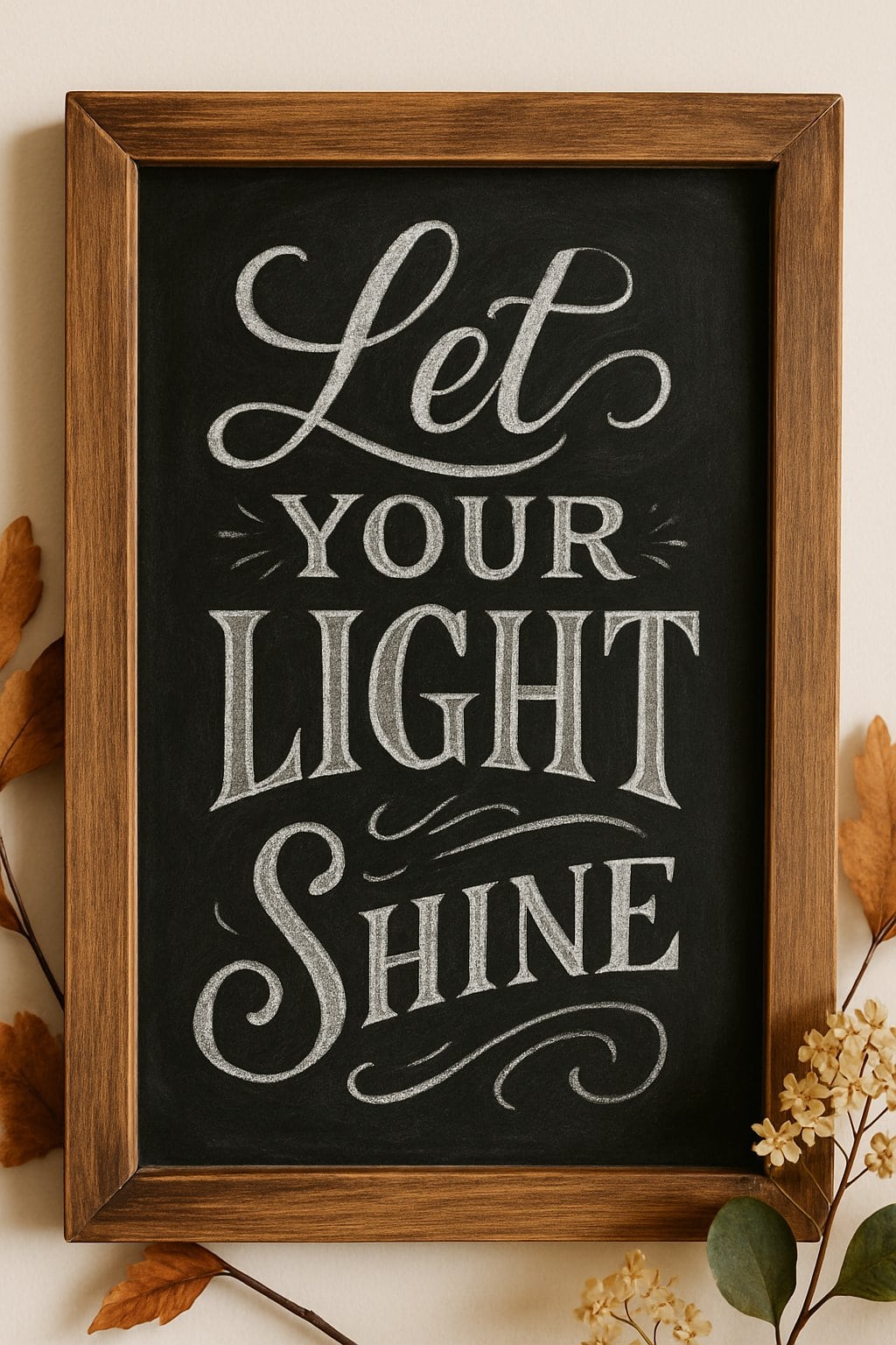 A wood framed chalkboard sign with artistic lettering surrounded by seasonal plants on a clean background with natural light.