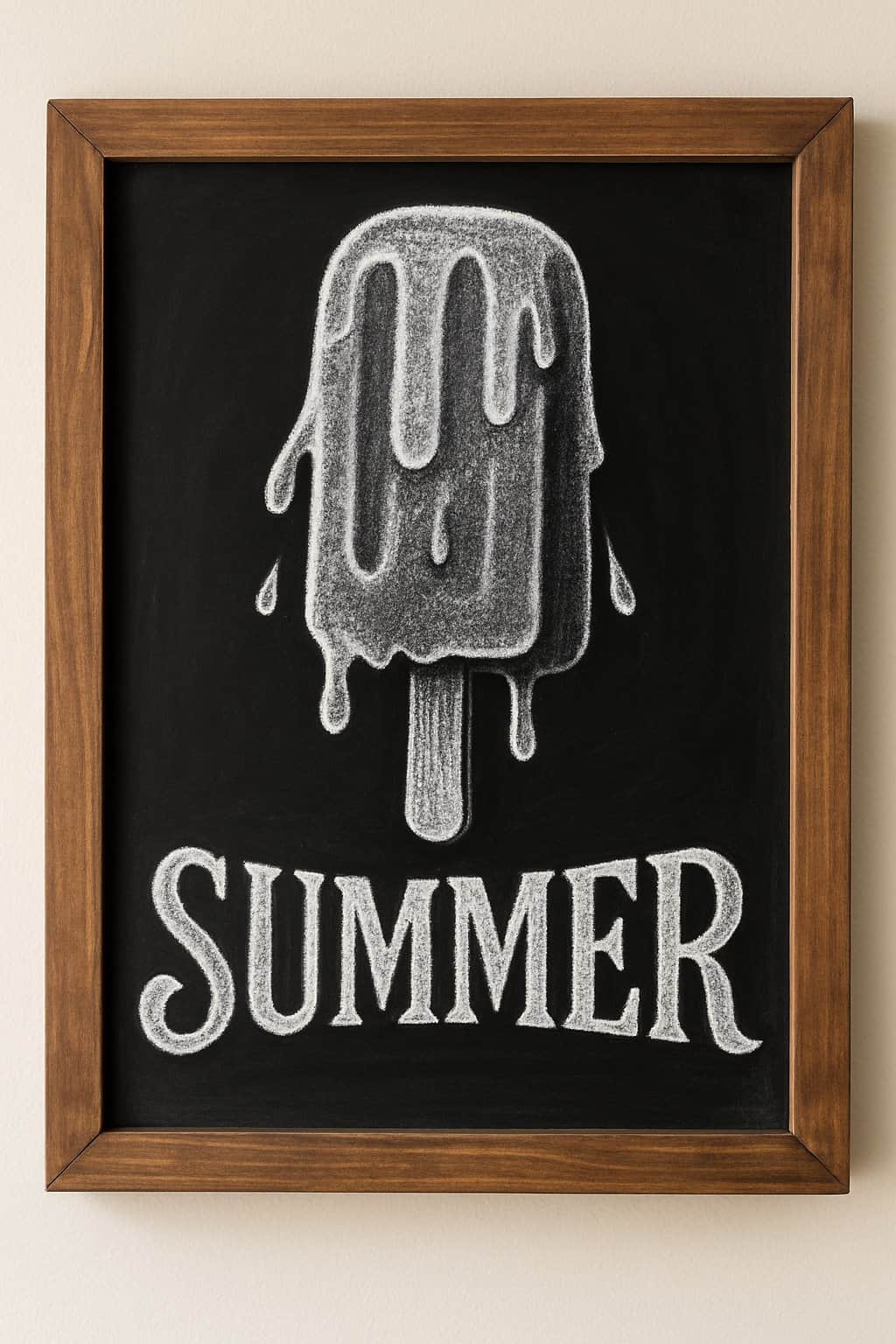 A wood framed chalkboard sign displaying a melting popsicle with dripping details and decorative lettering.