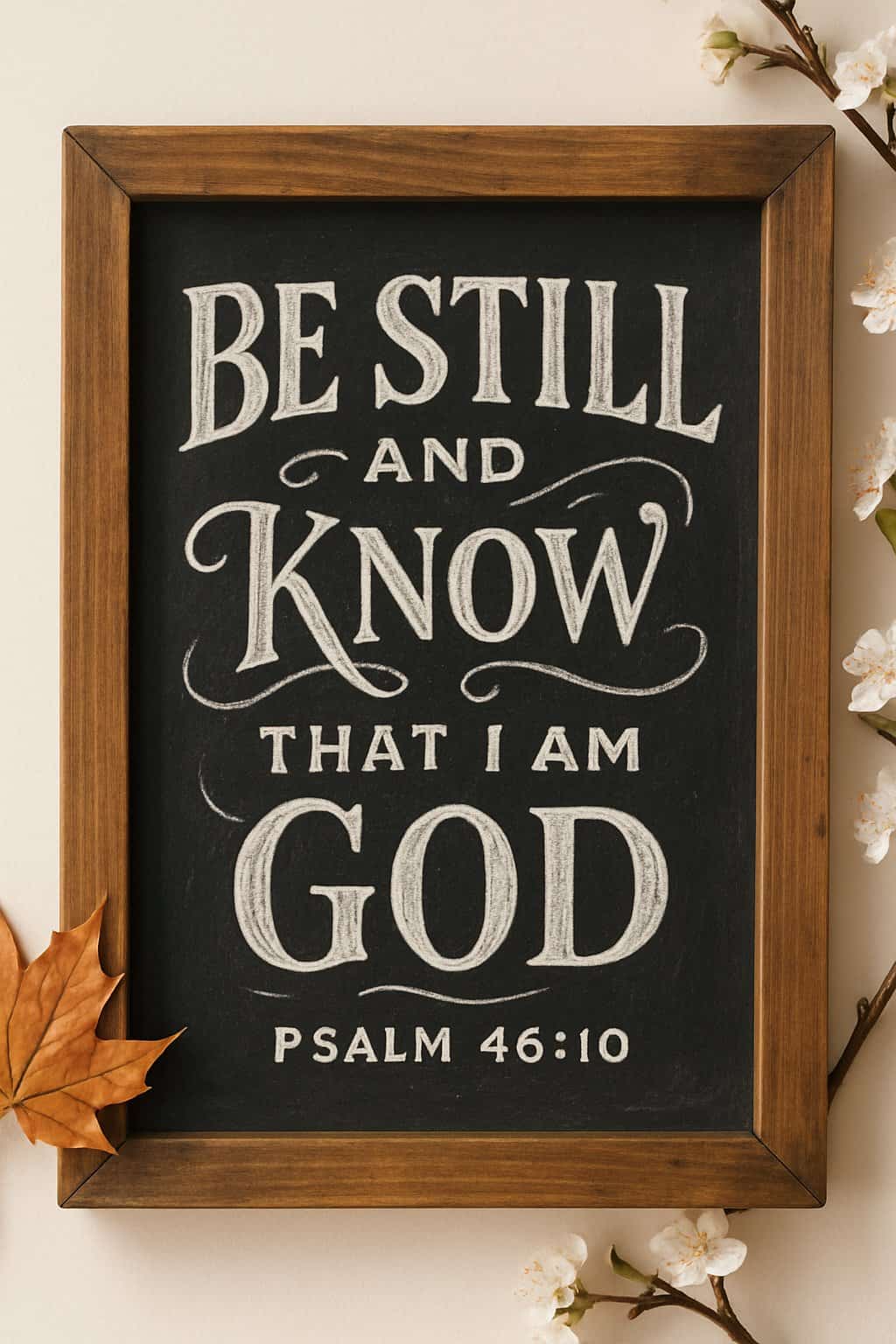 A wood-framed chalkboard sign with artistic lettering surrounded by seasonal leaves and natural light.