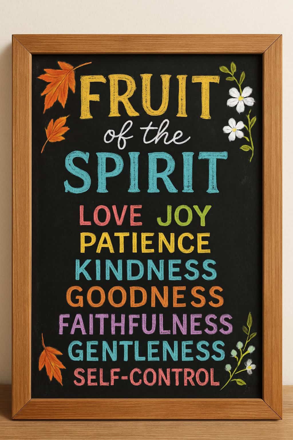 A wood-framed chalkboard sign with colorful chalk lettering surrounded by seasonal decorations on a clean background.