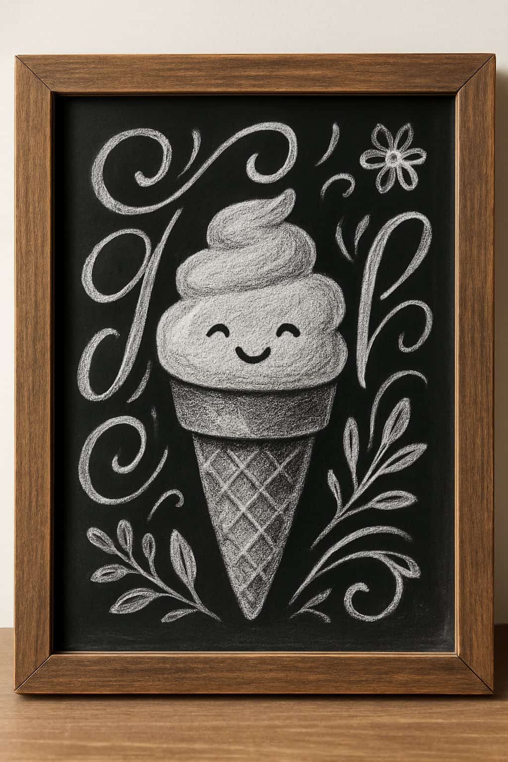 A chalkboard sign with a wooden frame displaying a smiling waffle cone illustration surrounded by decorative chalk drawings on a clean background.