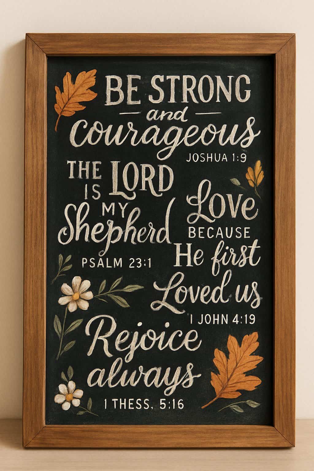 A wood-framed chalkboard sign with artistic lettering surrounded by seasonal decorations on a clean background.