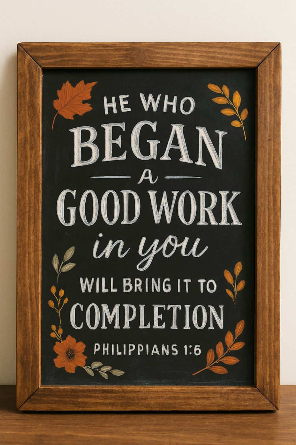 A wood-framed chalkboard sign with artistic lettering surrounded by a rustic border and seasonal decorations on a clean background.