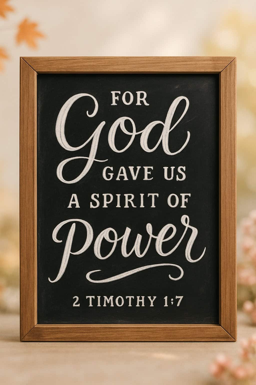 A wood framed chalkboard sign with artistic hand lettering surrounded by soft seasonal decorations and natural light.