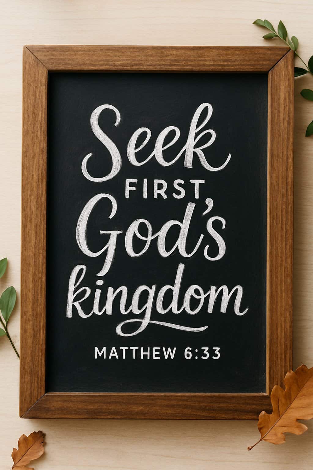 A wood framed chalkboard sign with white chalk lettering on a black background, surrounded by natural light and seasonal greenery.
