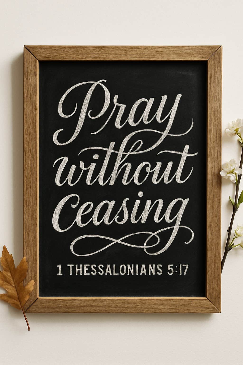 A wood-framed chalkboard sign with artistic hand-drawn lettering surrounded by seasonal decorations on a clean surface.