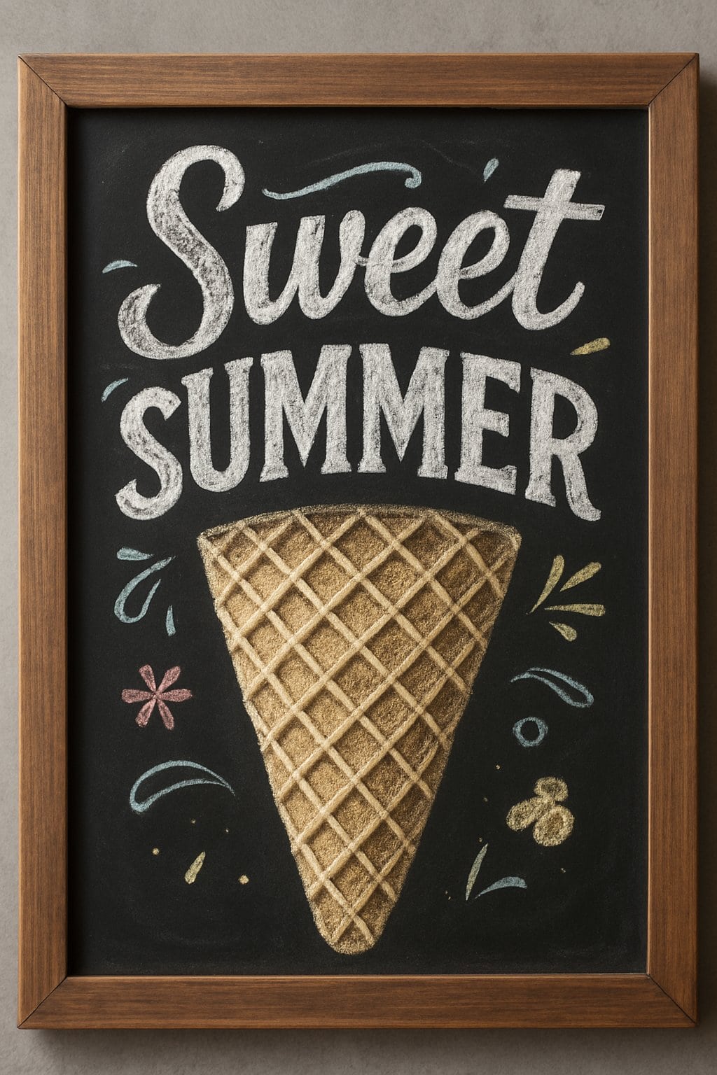 A wood framed chalkboard sign displaying a detailed waffle cone pattern with artistic chalk designs and a clean background.