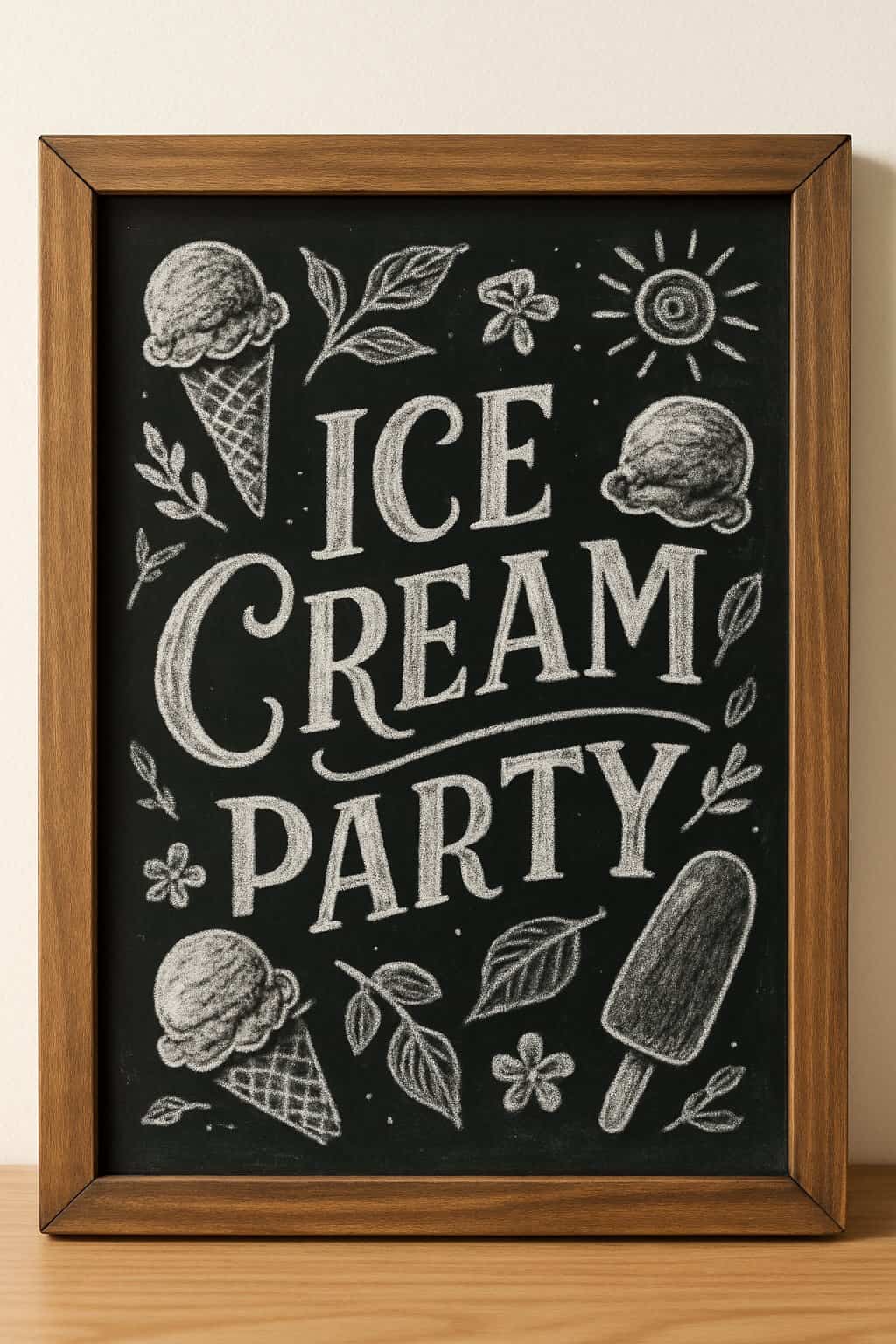 A wood framed chalkboard sign decorated with artistic ice cream illustrations and decorative elements, set against a clean background with natural light.