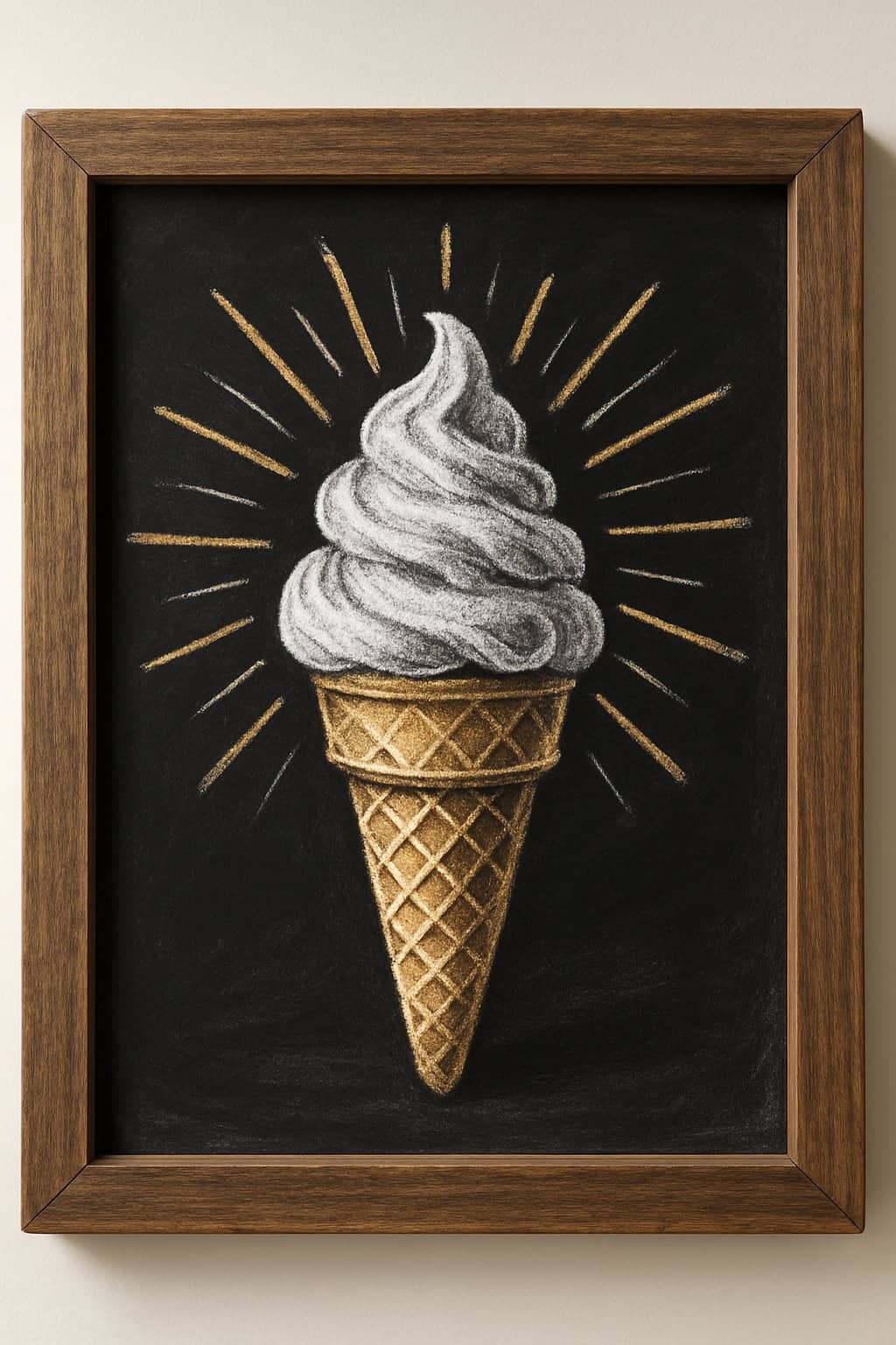 A wooden framed chalkboard with a drawing of an ice cream cone surrounded by sunshine rays.