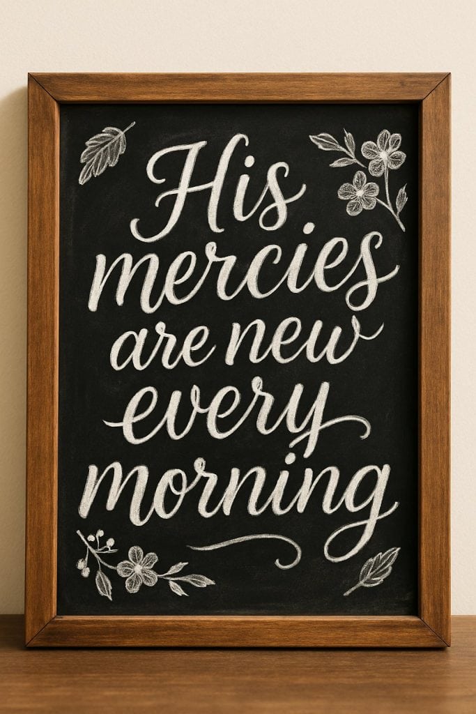 A framed blackboard with white chalk lettering reads, "His mercies are new every morning," decorated with hand-drawn flowers and leaves in the corners. The frame rests on a wooden surface.