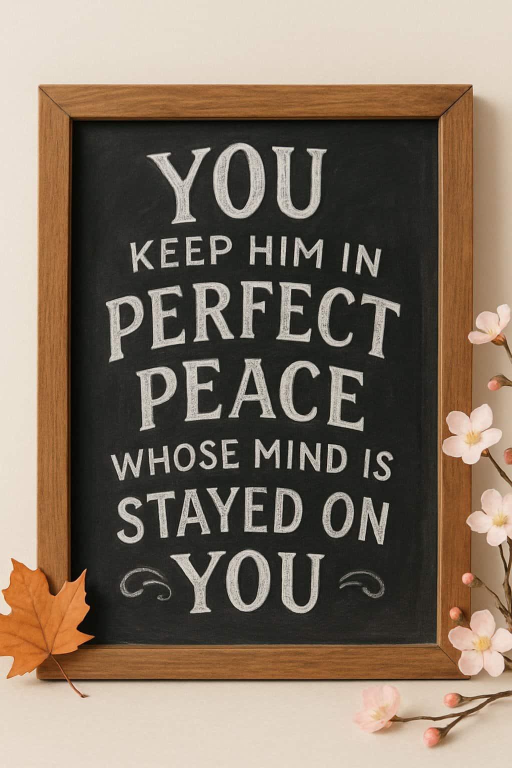 A wood framed chalkboard sign with artistic chalk lettering, surrounded by seasonal natural elements on a clean surface.