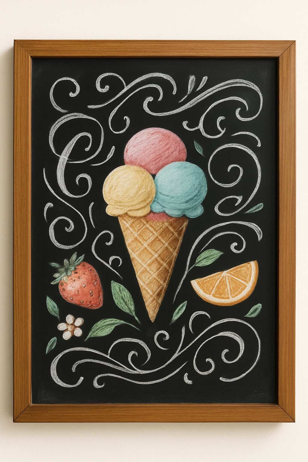 A wood framed chalkboard sign with colorful artistic drawings of gelato and ice cream, surrounded by seasonal decorations and natural light.