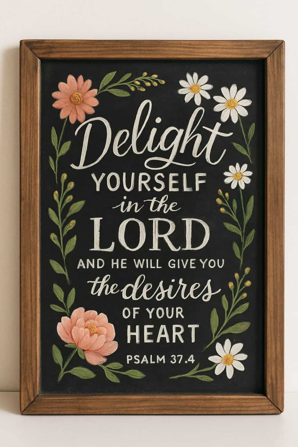 A wood-framed chalkboard sign decorated with floral designs, displayed against a simple background with natural lighting.